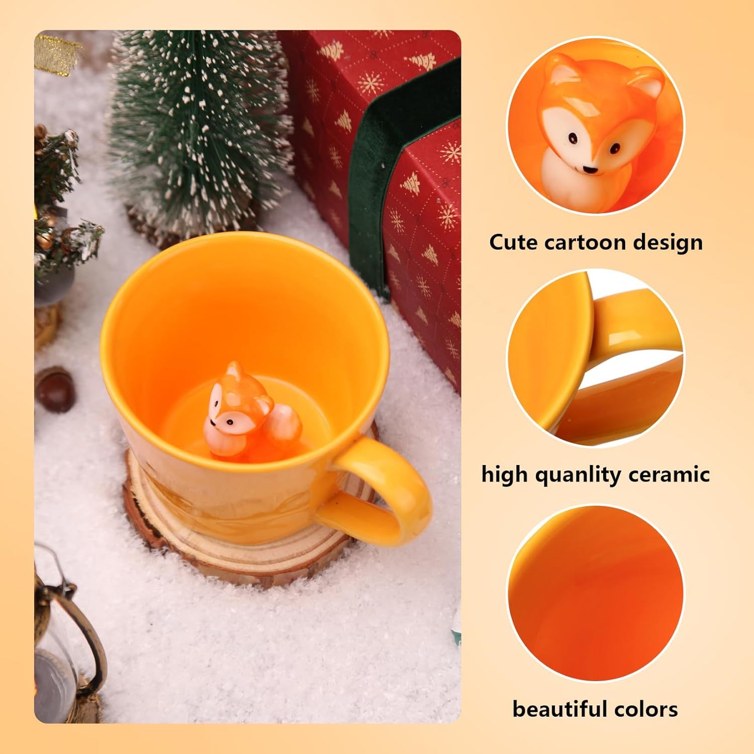 Squirrel Ceramic Mug with 3D Animal Inside Cartoon Handmade Figurine Mug Cute Coffee Mug With Interesting Design, Holiday and Birthday Gift for Coffee and Milk Tea Lovers (Fox)