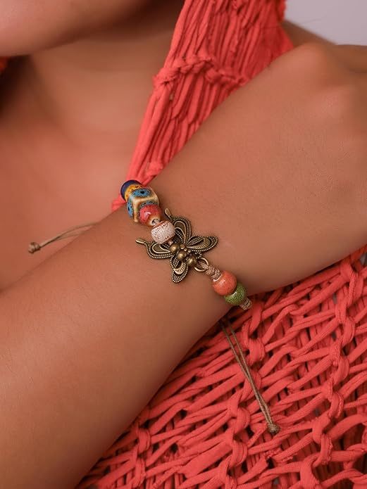 Ceramic Beads and Butterfly Charm Collection Bracelet Handmade Vintage Created Turquoise Beads Bohemian Jewelry for Women