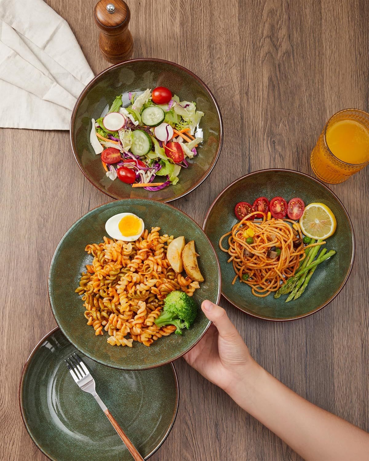 8.75 Inch Large Ceramic Pasta Bowls 32 Oz Reactive Glaze Stoneware Pasta Serving Bowls Set of 4 for Kitchen Wide Bowls for Fruit,Pasta,Salad,Soup Scratch Resistant Brown and Green