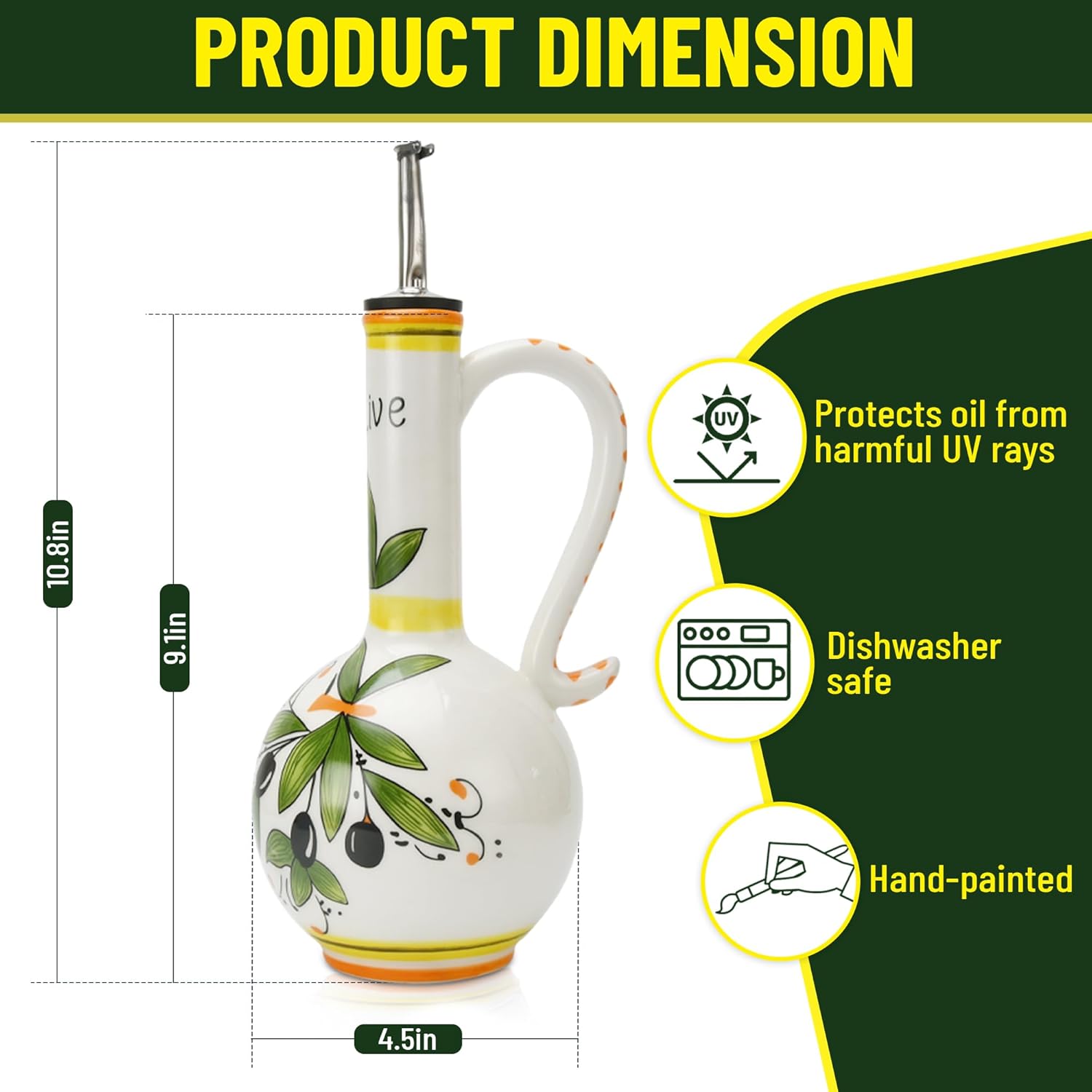 Hand-Painted Ceramic Olive Oil Dispenser Bottle 15oz Decorative Stoneware Cruet with Stainless Steel Spout for Oil, Vinegar, Syrups, and Sauces