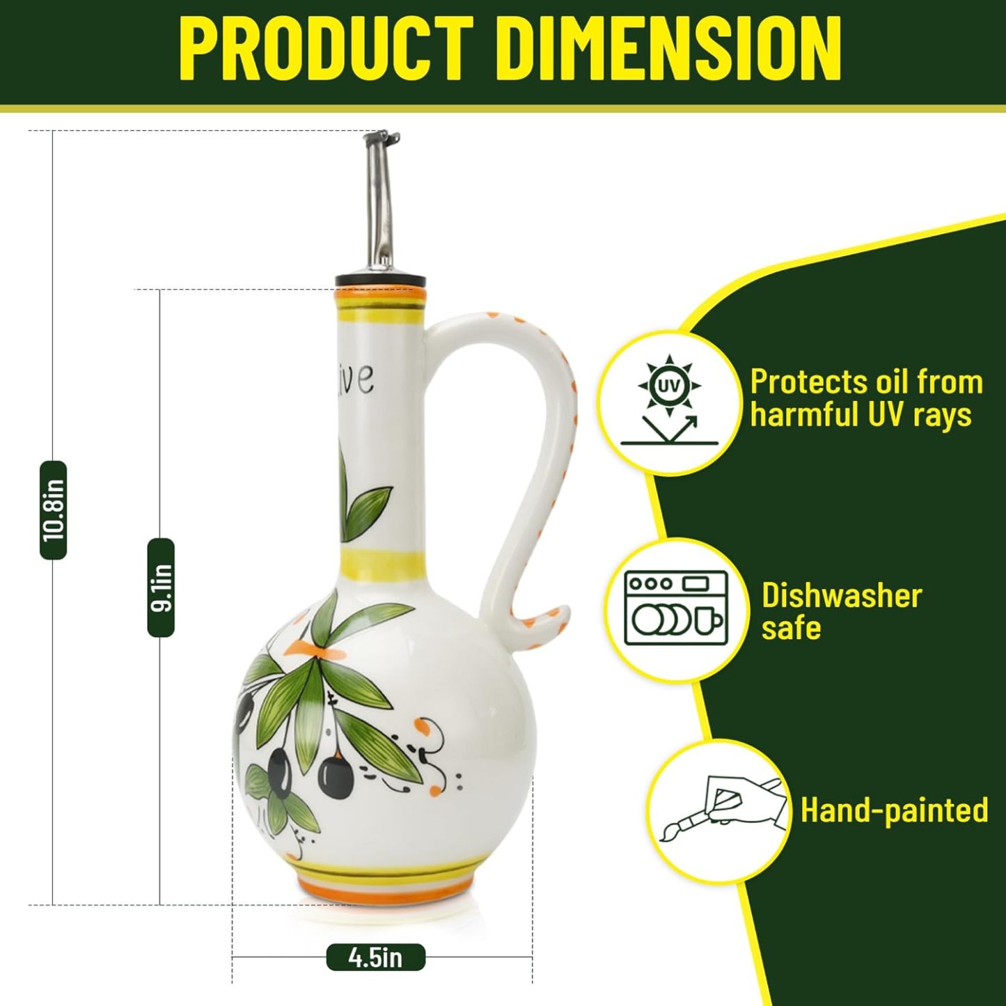 Hand-Painted Ceramic Olive Oil Dispenser Bottle 15oz Decorative Stoneware Cruet with Stainless Steel Spout for Oil, Vinegar, Syrups, and Sauces