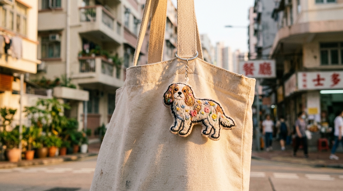 Handmade floral embroidered Cavalier King Charles Spaniel dog bag charm on a canvas tote.