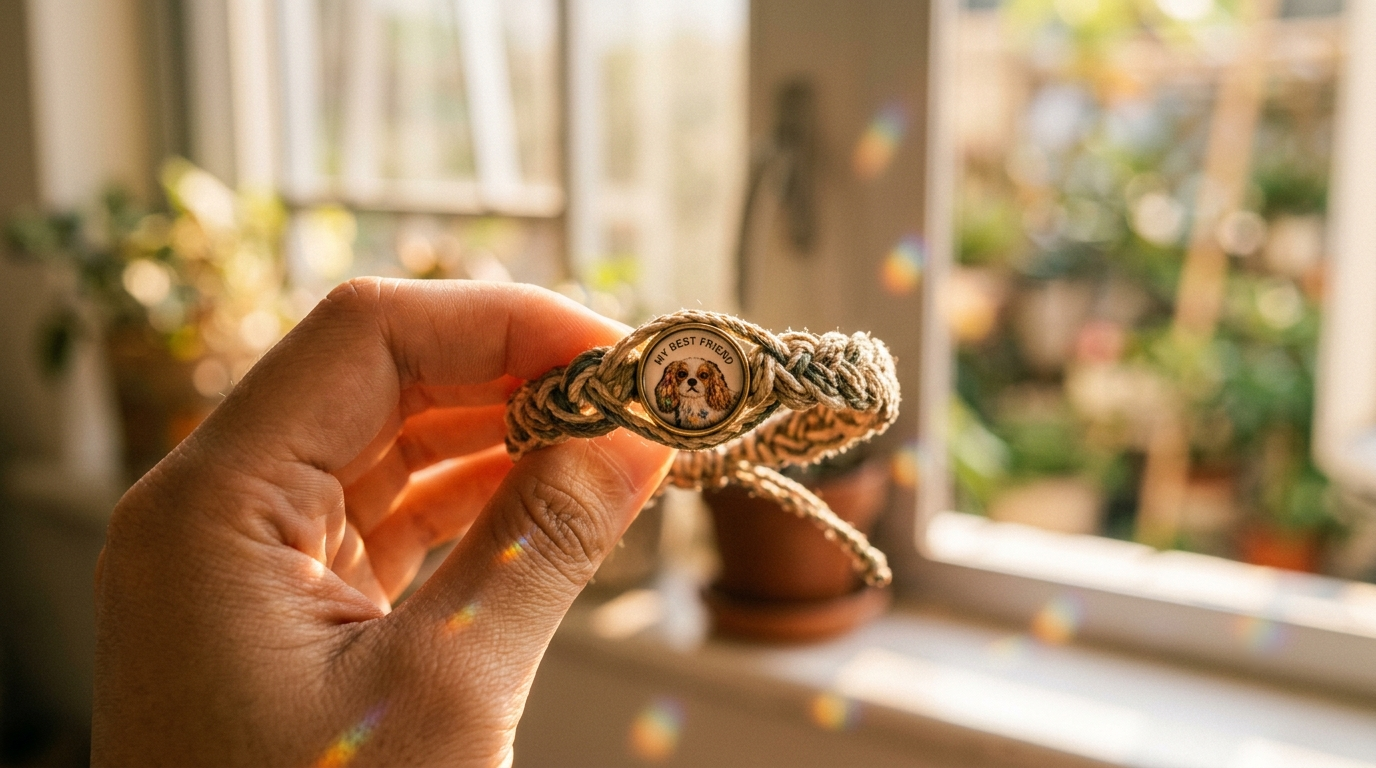 A hand holding a braided bracelet with a hidden photo charm up to the sunlight