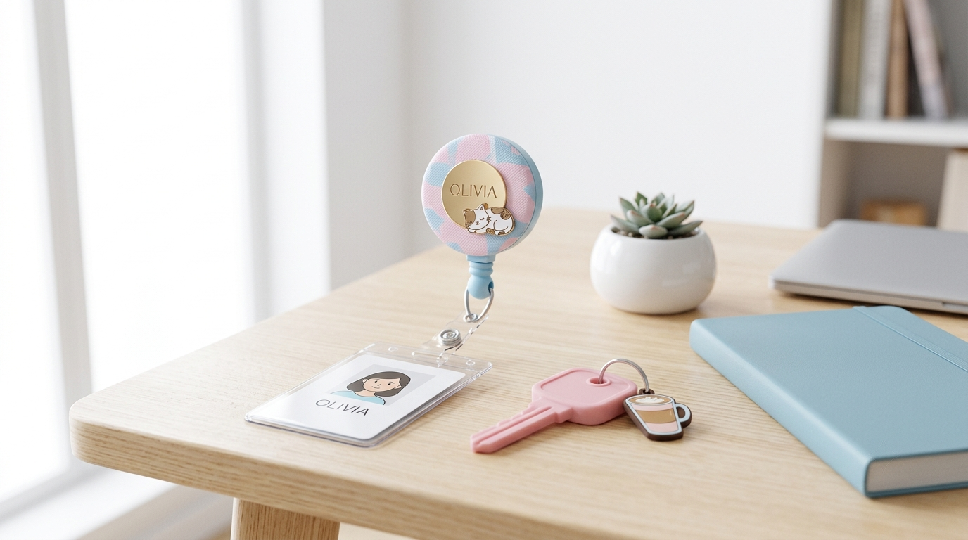 A personalized badge reel displayed in a bright modern setting, showing how a small accessory can feel practical and meaningful.