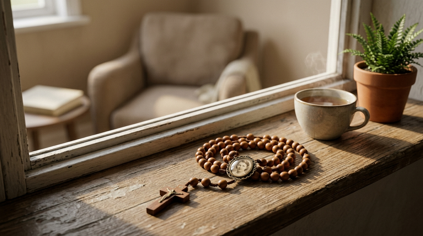 A rosary beads cross necklace on a wooden windowsill in afternoon light
