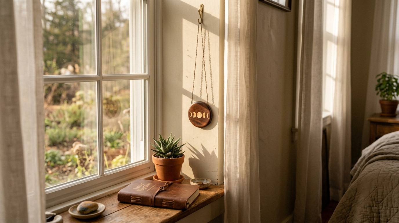A moon phase pendant hanging near a window in soft afternoon light