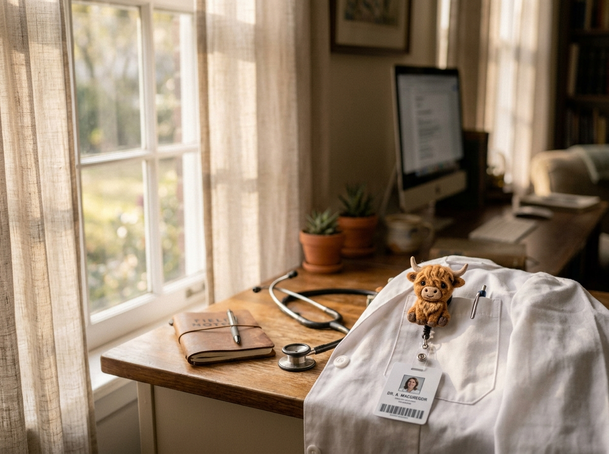 A highland cow badge reel clipped to a white coat pocket in natural light