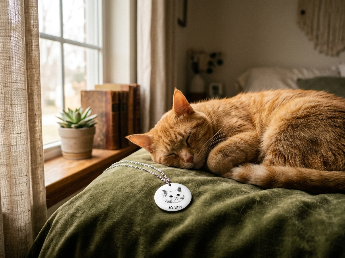A pet photo pendant on velvet next to a sleeping cat in warm afternoon light