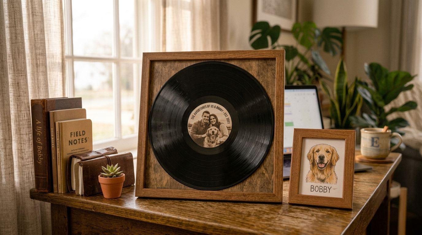 A personalized vinyl record plaque displayed on a home office shelf