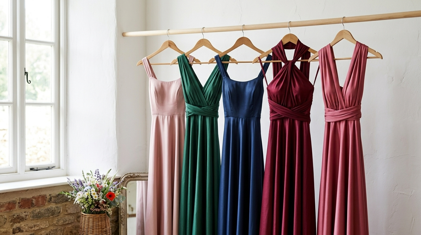 Five bridesmaid dresses in different colors hanging on a wall in soft morning light