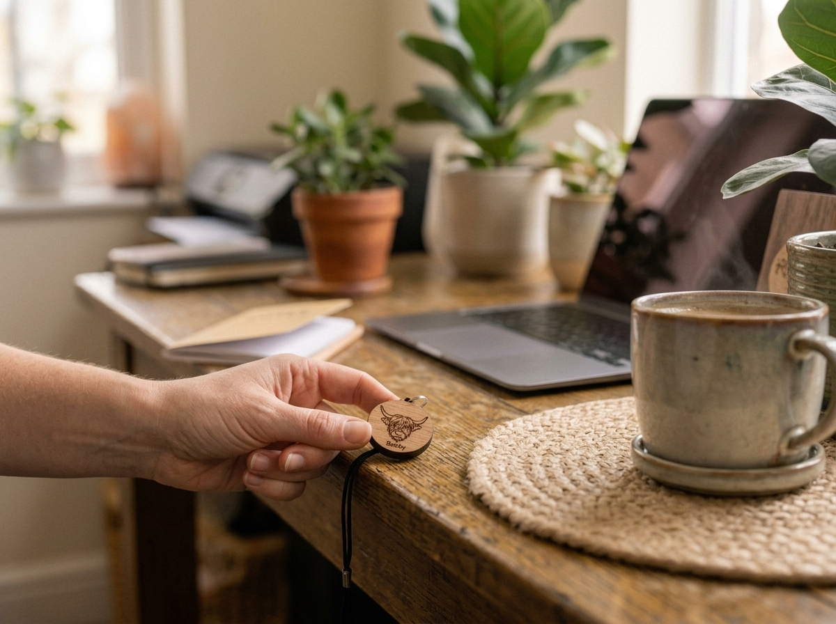 A person reaching for a highland cow badge reel on their desk edge