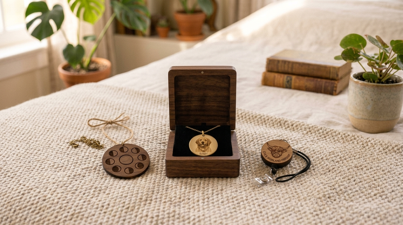 Three personalized gifts &mdash; a photo necklace, moon phase pendant, and badge reel &mdash; laid out on a bed