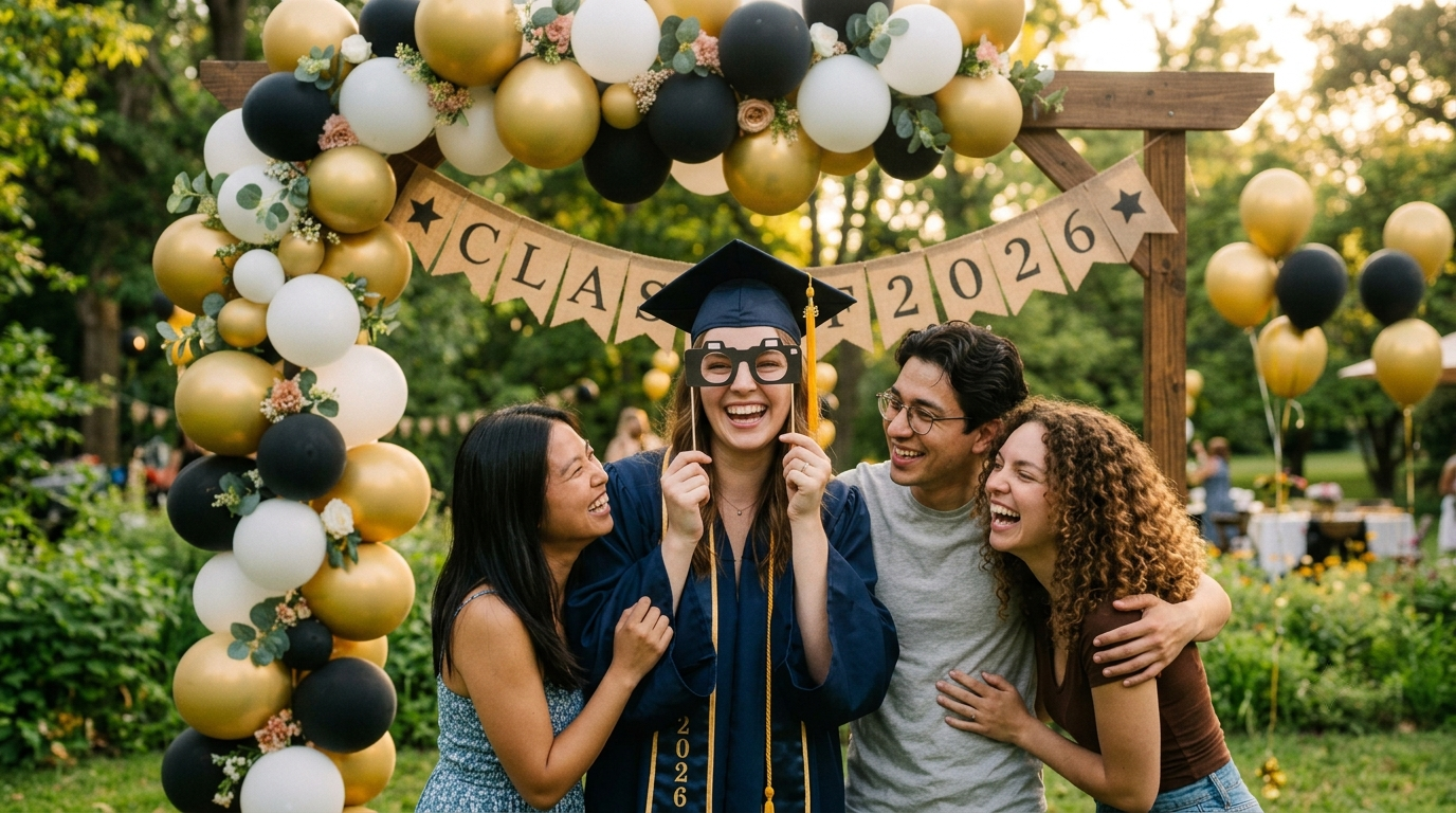 A graduation photo backdrop with balloon arch and friends celebrating