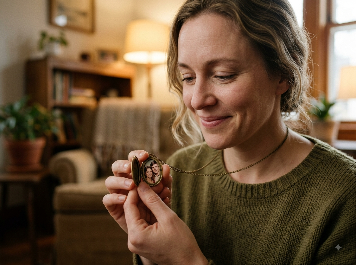 A person holding a photo necklace pendant with a grateful smile