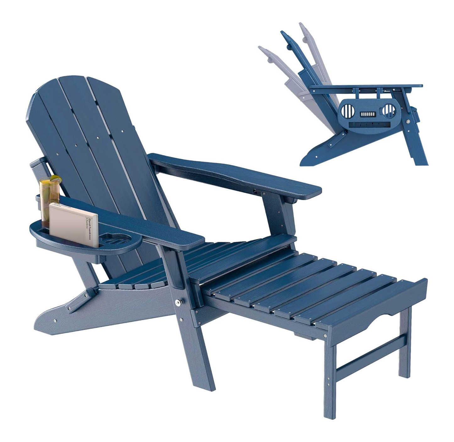 Adirondack Chair Set of 2 Adjustable & Retractable Ottoman  HDPE Folding Adirondack Chair with Cup Holder Outdoor Chairs few Steps Easy Installation,Widely Used in Outdoor, Patio, Lawn, Fire Pit, Deck, Outside, Chairs