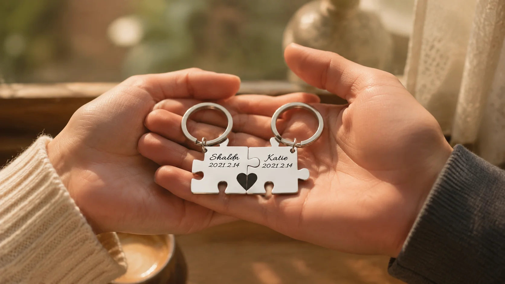 Person standing at the front door holding a keychain with keys, warm golden hour light streaming in, cozy home entrance with shoe cabinet and coat rack in soft focus