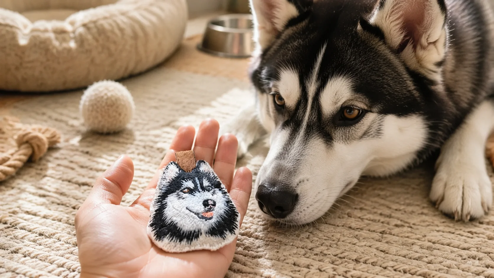 Custom embroidered pet portrait keychain held in palm beside a real matching dog on a rug