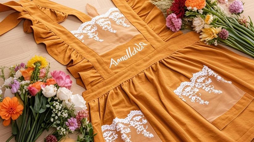 A close-up of the floral embroidery and lace pocket detail on the apron.