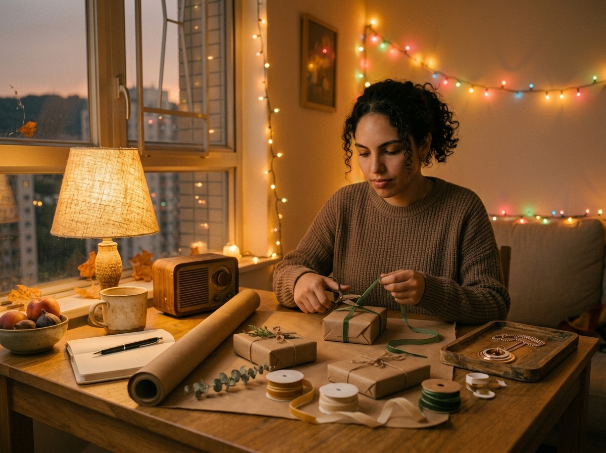 A person wrapping several small personalized gifts at a table in warm evening light