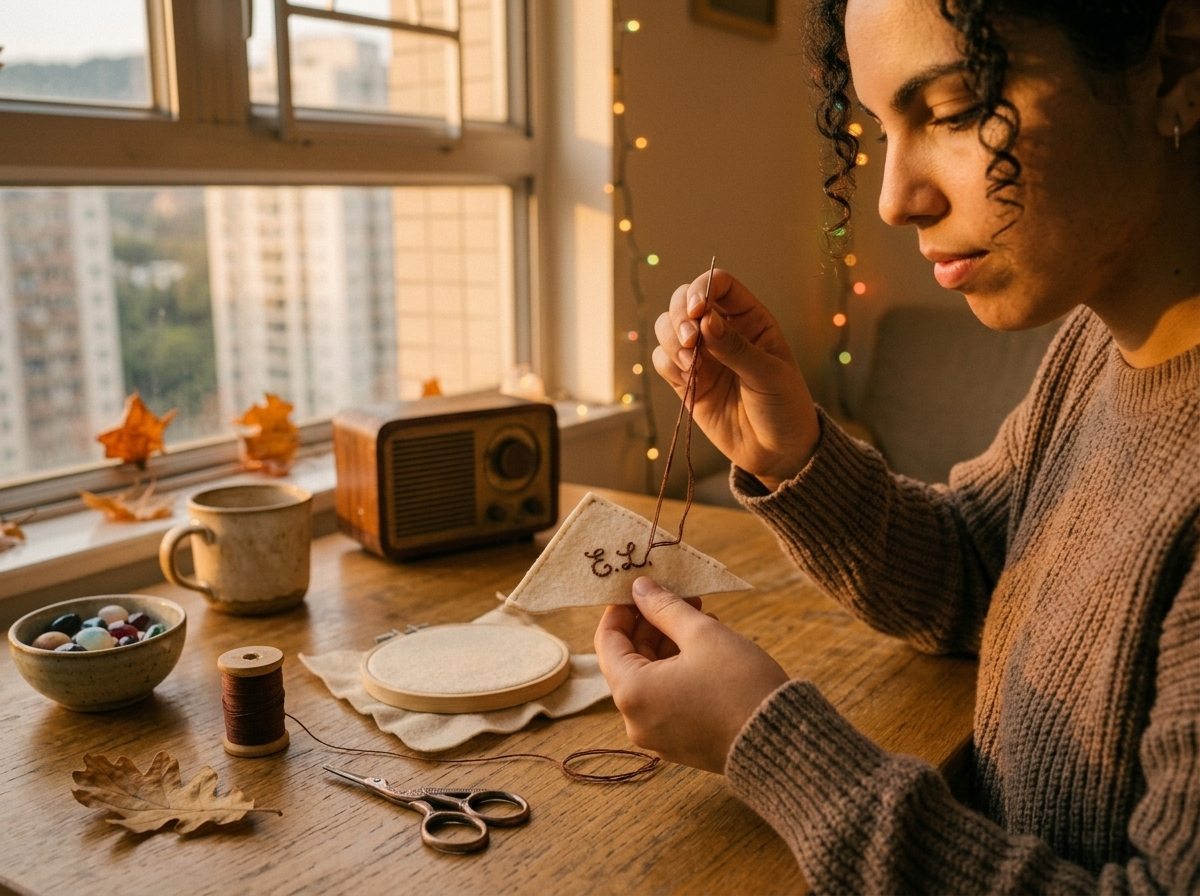Hands embroidering personalized initials onto a felt bookmark with a needle and thread