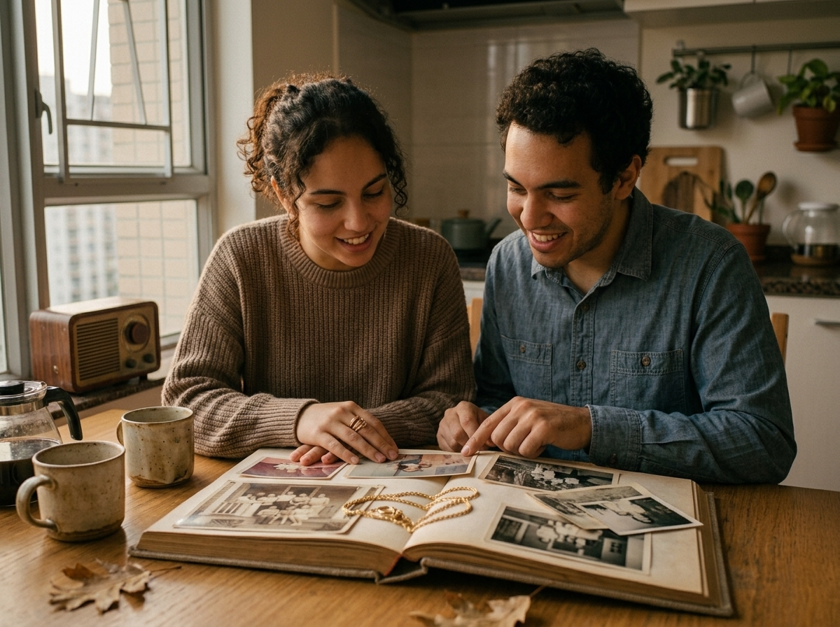 Two adult siblings looking through an old photo album together at a kitchen table