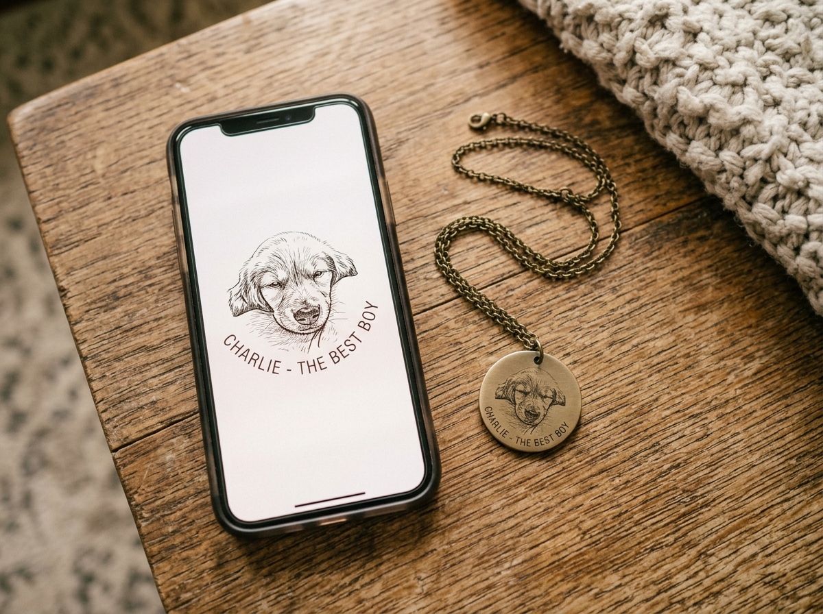 A phone case and a necklace laid out together, both featuring the same puppy photo