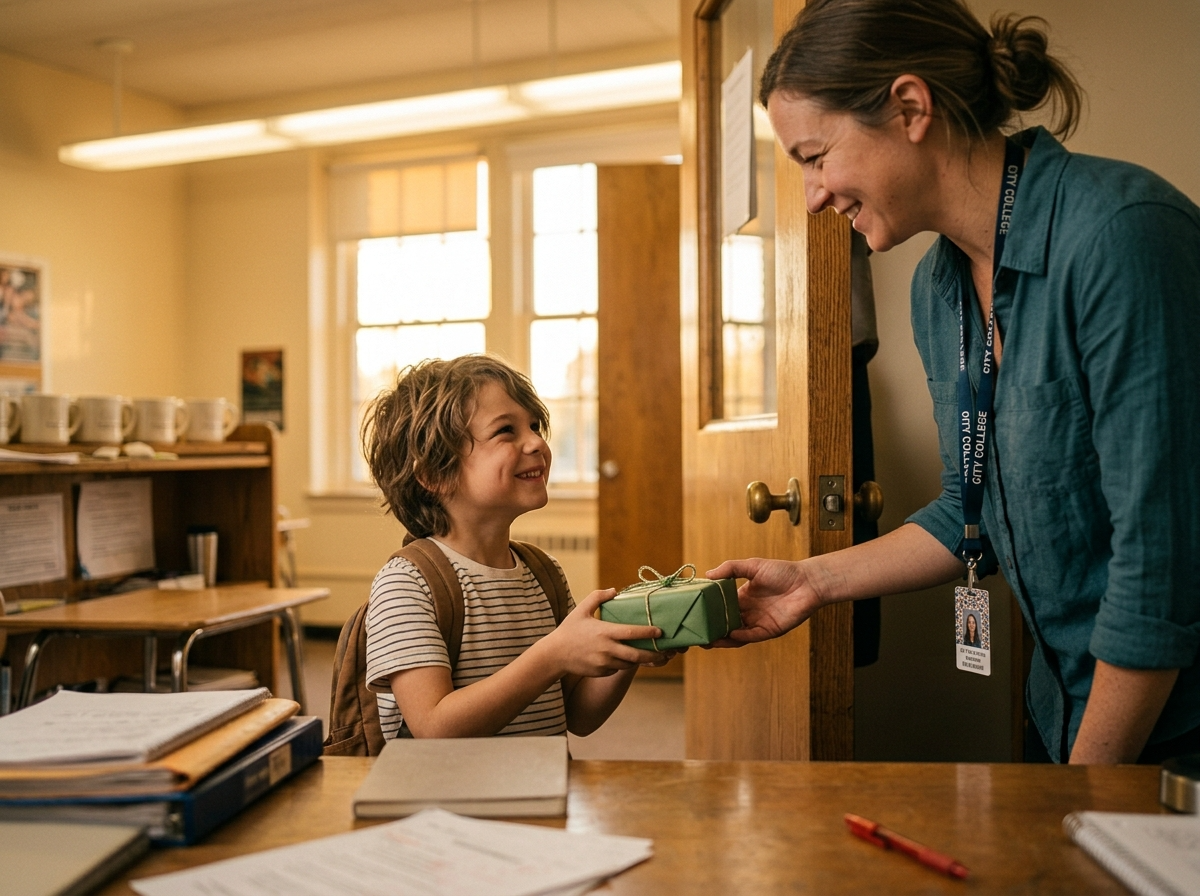 A child handing a small wrapped gift to their teacher at a classroom door