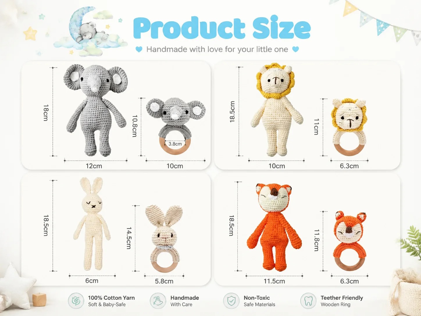 A size chart showing the crocheted rabbit, elephant, lion, and fox dolls next to their matching wooden ring rattles with measurements in centimeters