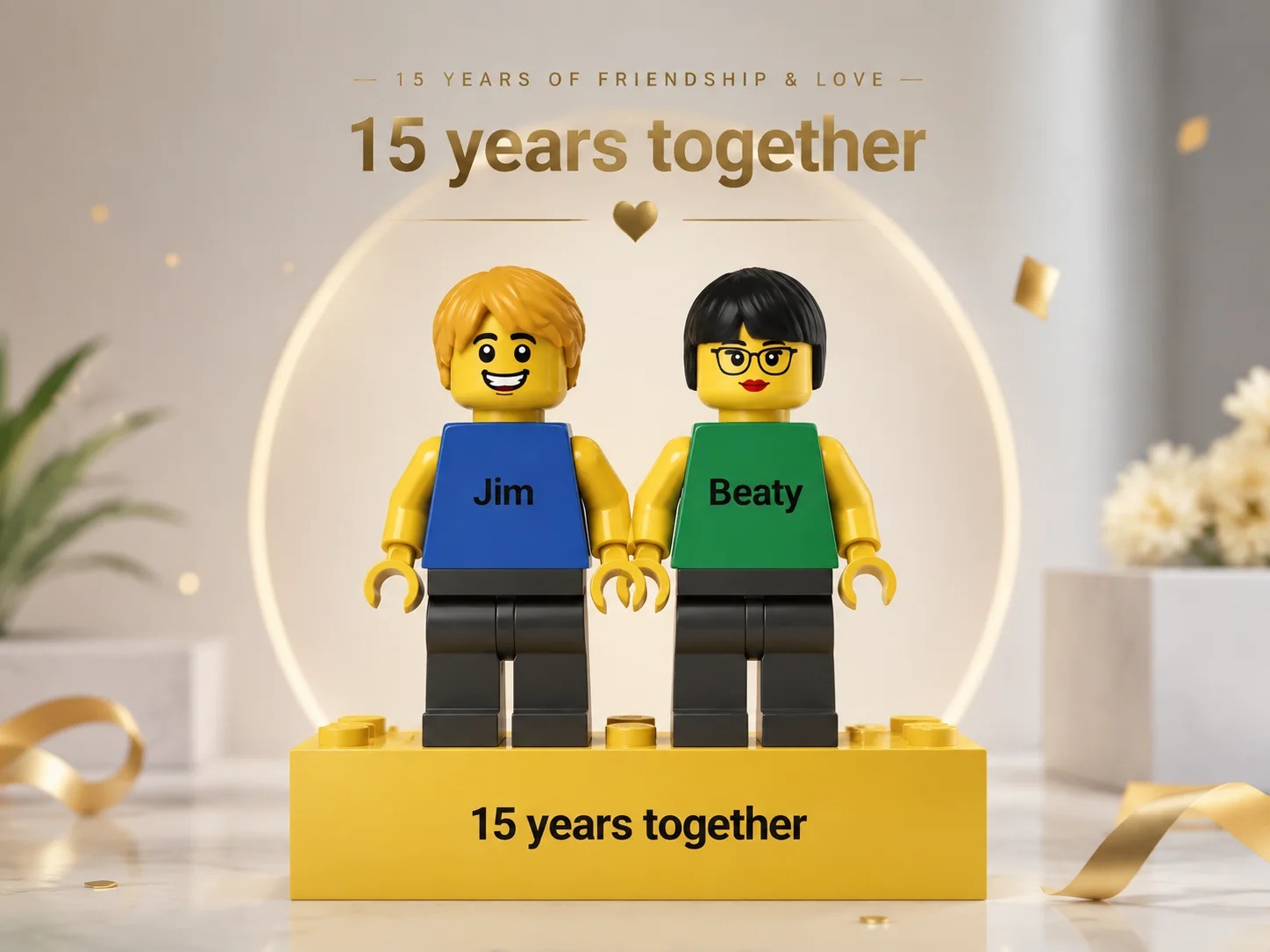 Two custom minifigs printed "Jim" and "Beaty" on their shirts, standing on a yellow base engraved "15 years together"