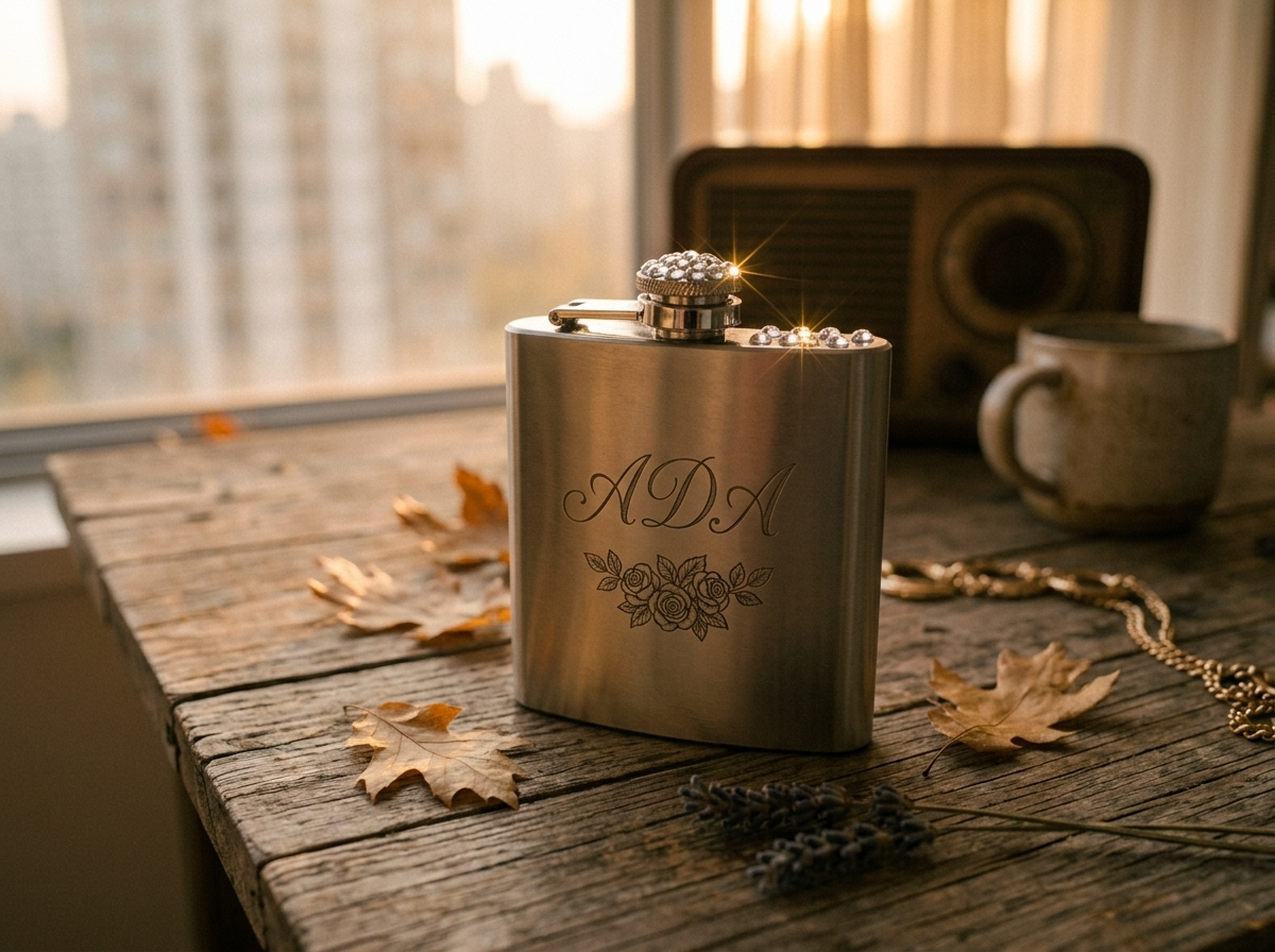 A close-up of an engraved stainless steel flask with a rhinestone lid and a small flower design