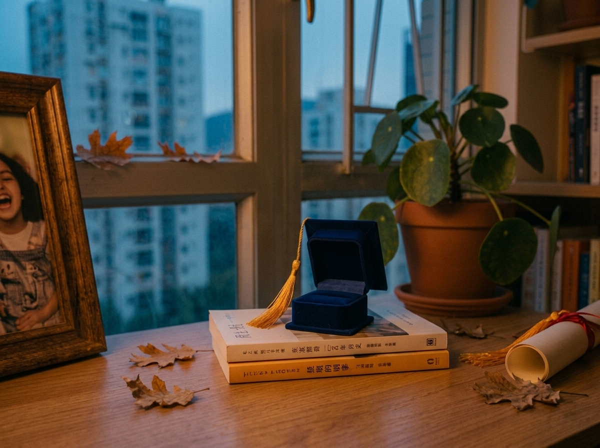 An empty velvet graduation cap-shaped ring box sitting open on a wooden table
