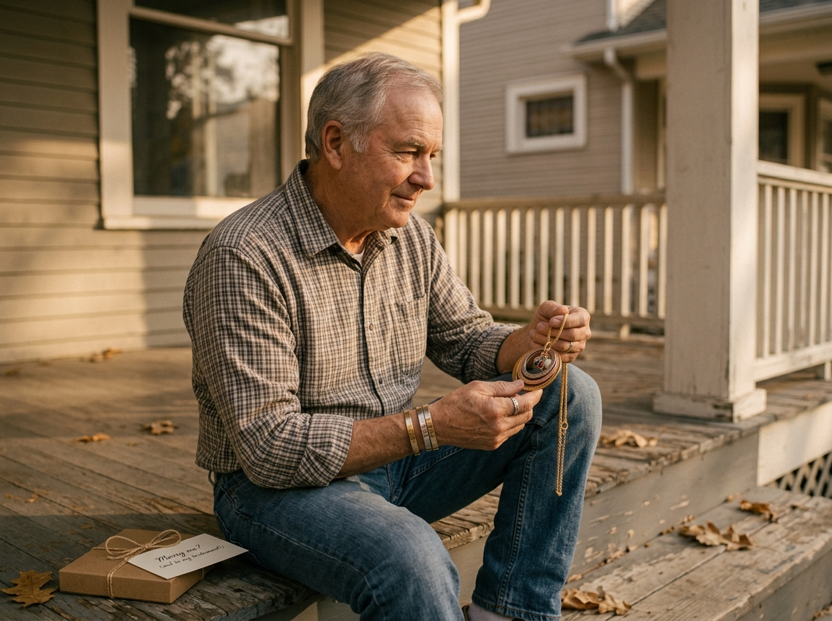 A father sitting on a porch step looking at a small wrapped gift box in golden hour light