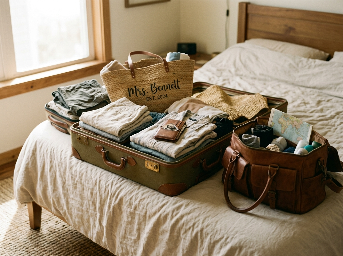 A couple's open suitcases on a bed with a jute tote and a leather wallet packed among folded clothes