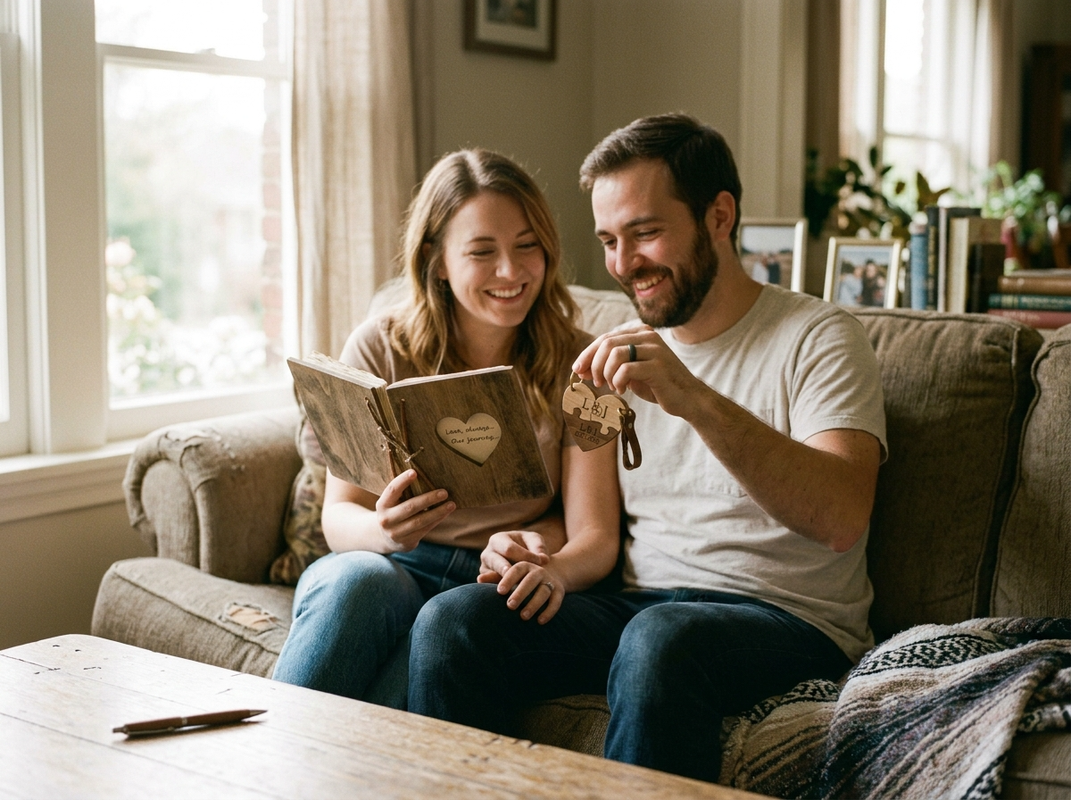A newly engaged couple on a couch, one holding a wooden vow book, the other holding a puzzle-piece keychain