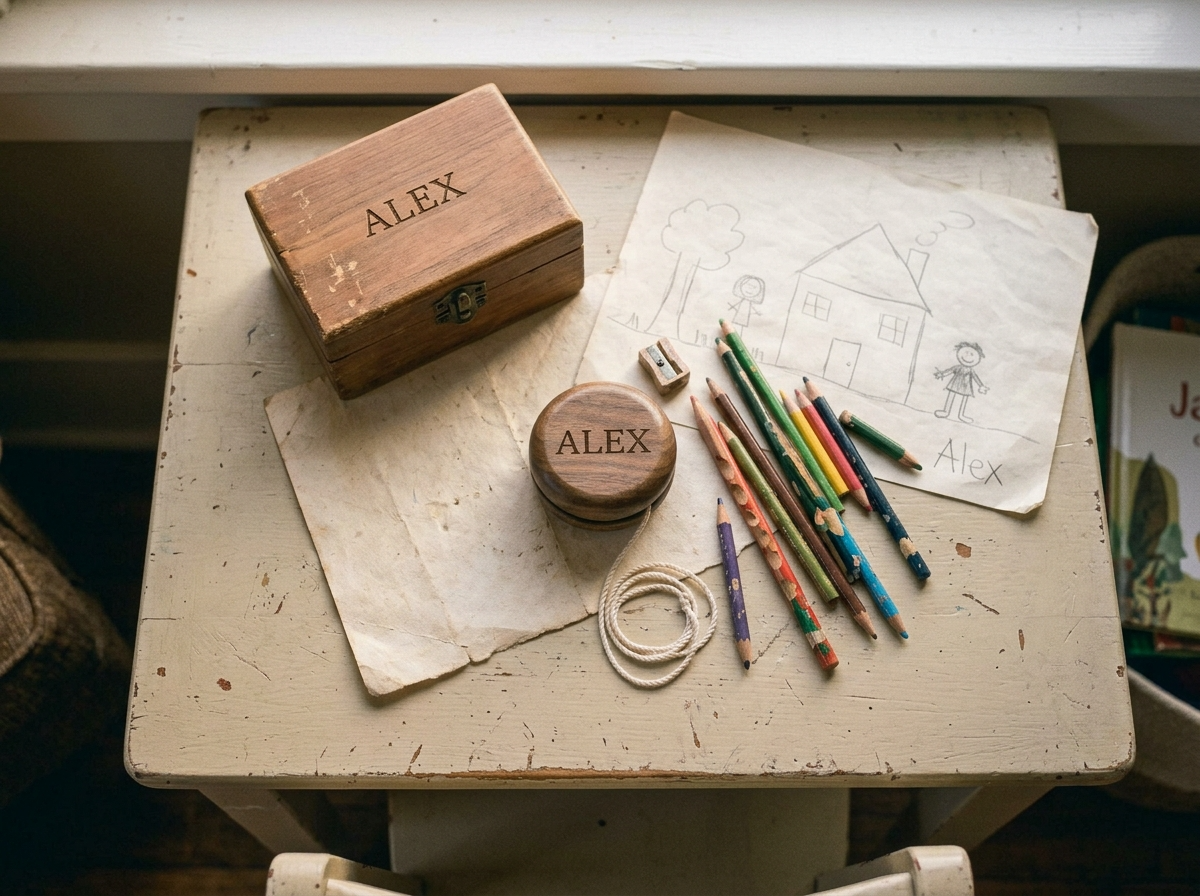 An overhead flat lay of a small wooden box and a wooden yoyo on a child's desk beside a drawing
