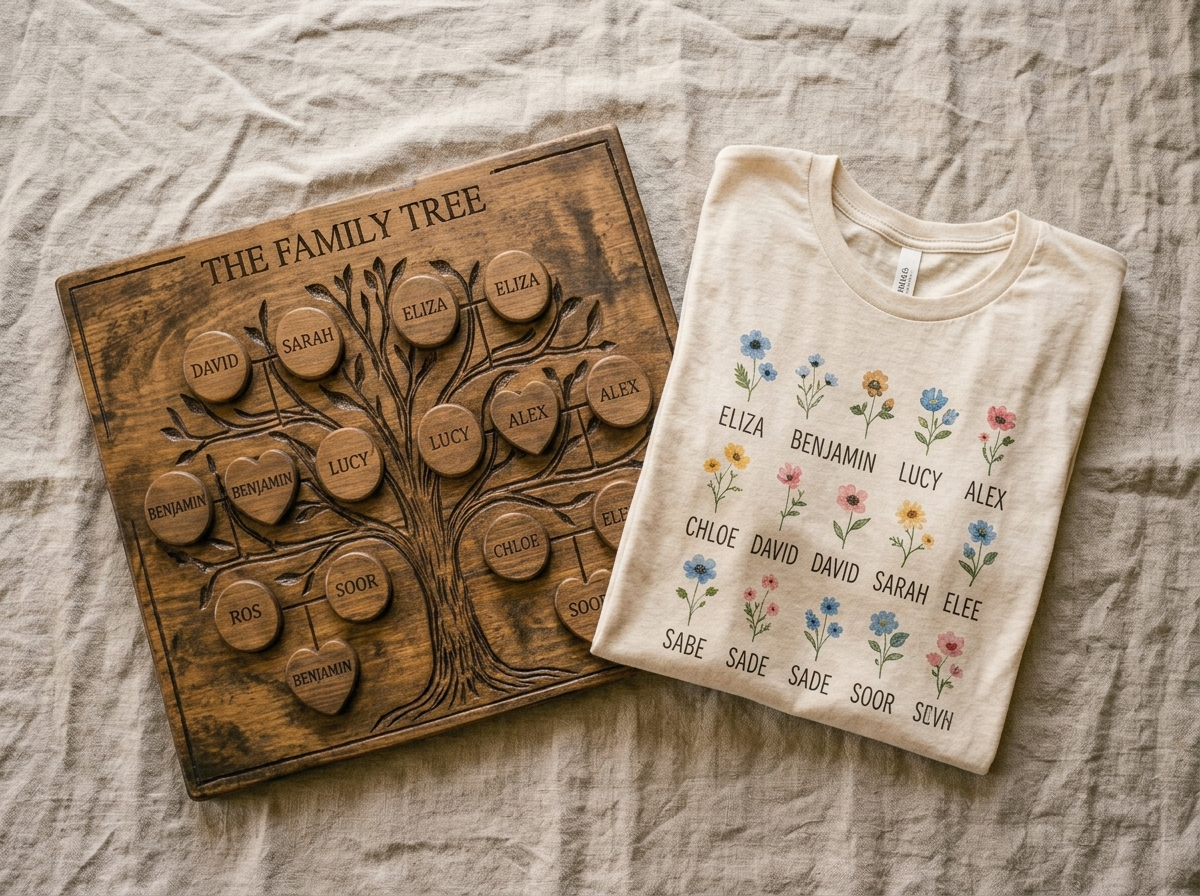 An overhead flat lay of a wooden family tree plaque and a folded floral t-shirt on a linen tablecloth