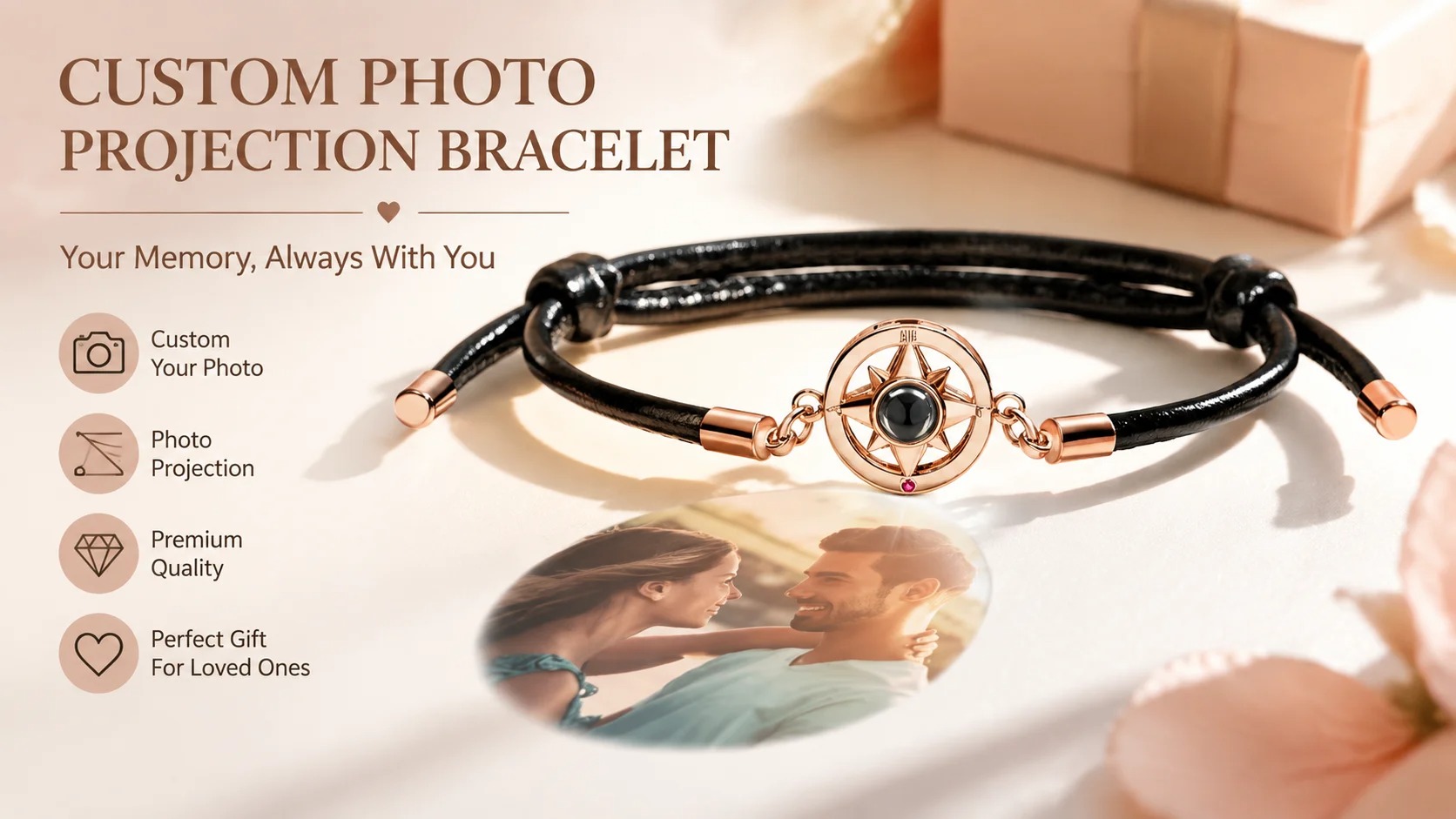The rose gold version of the compass charm bracelet, projecting a photo of a couple below it