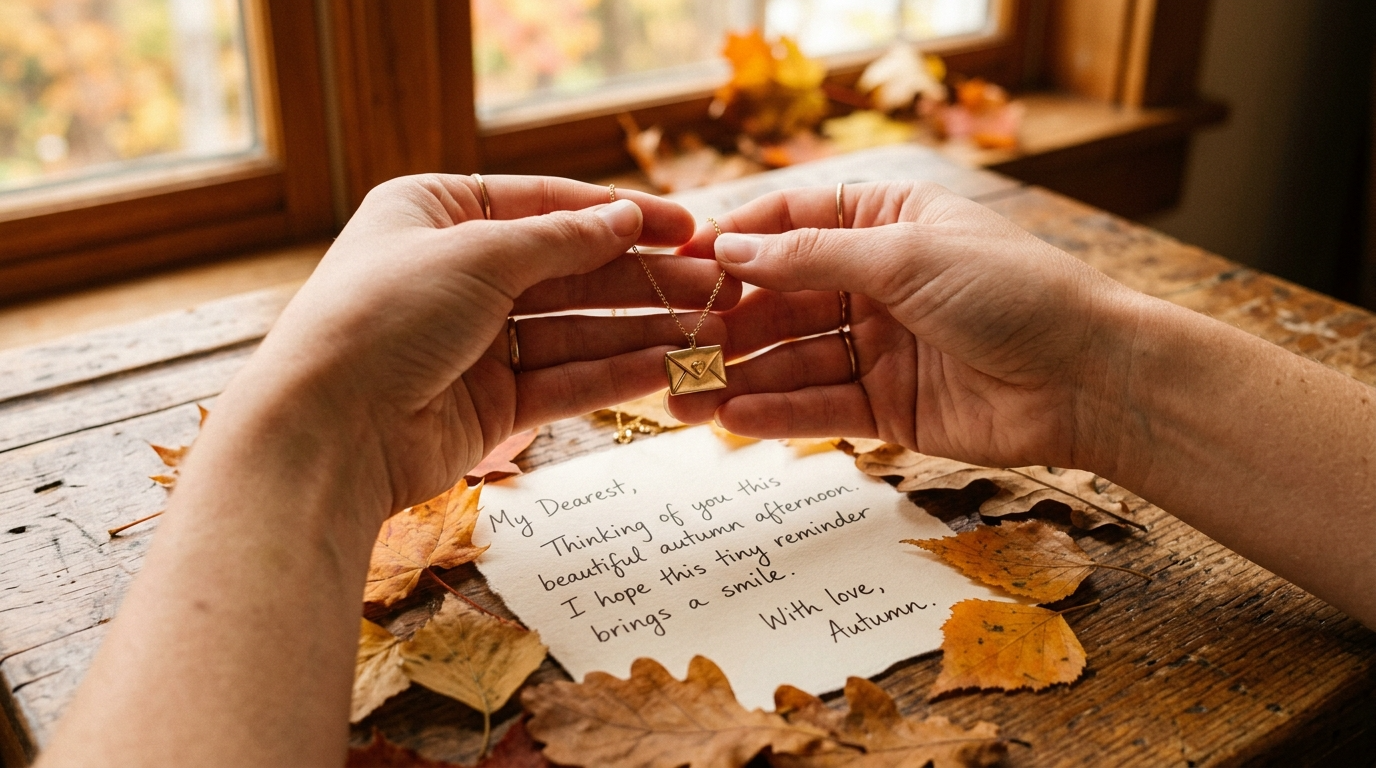 Hands holding a small envelope necklace over a desk with a handwritten note and autumn leaves
