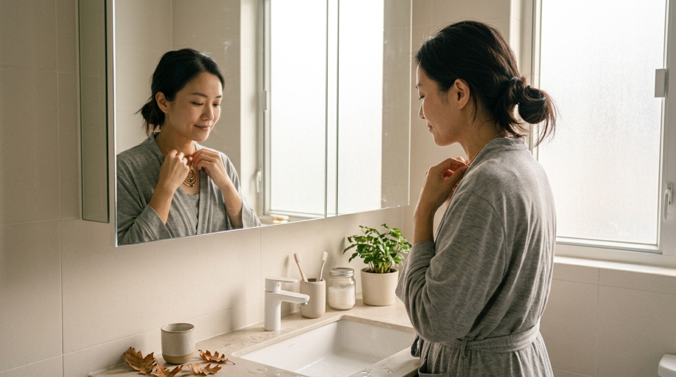A person fastening a birthstone necklace in a mirror, soft morning light, calm personal moment