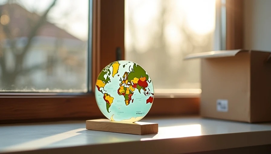 A small acrylic photo ornament on a windowsill in a new apartment with unpacked boxes in the background