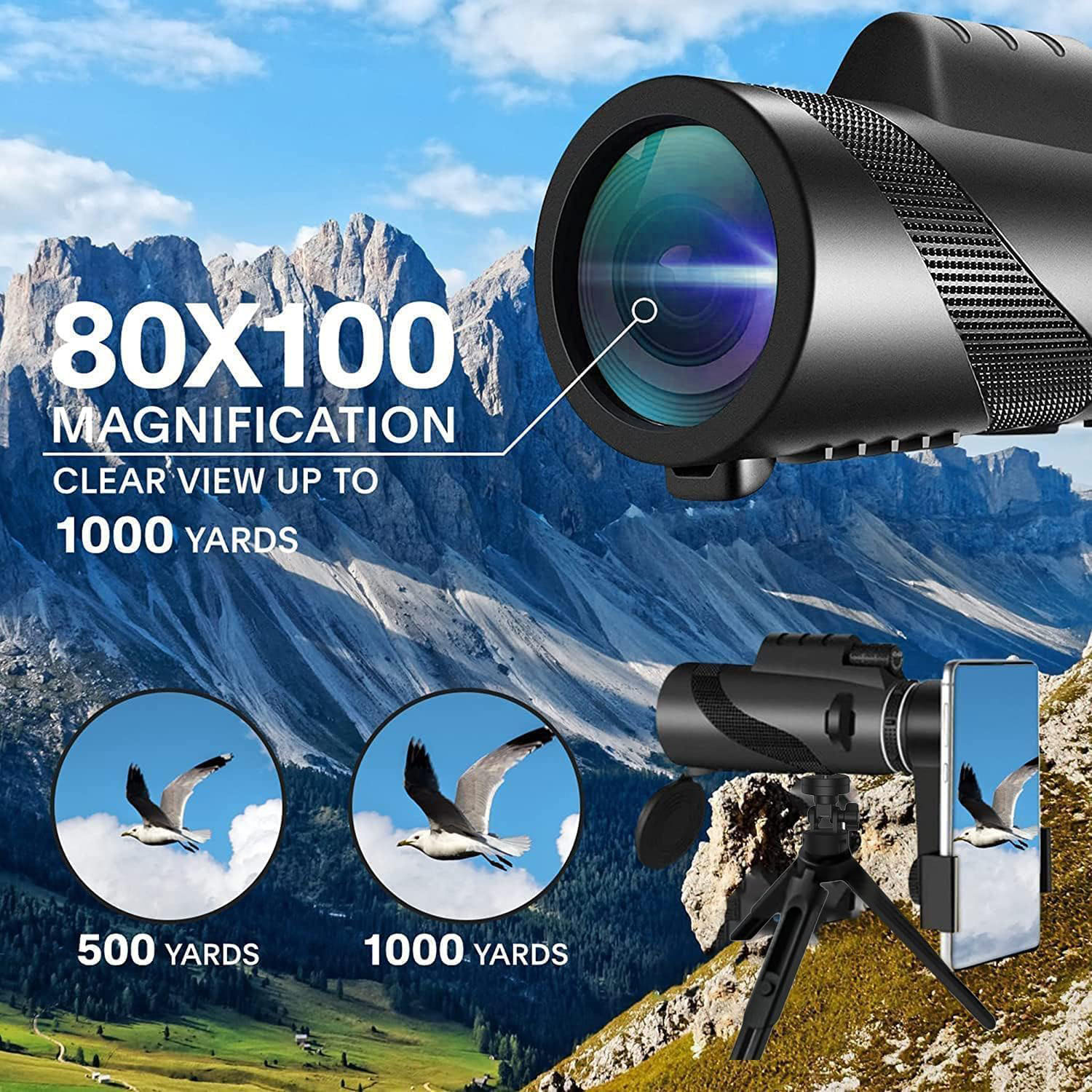 80x100 Monocular-Telescope  telescope for adults high powered Smartphone compatible For Stargazing Wildlife Bird  Travel  Camping  Hiking Anti-slip design