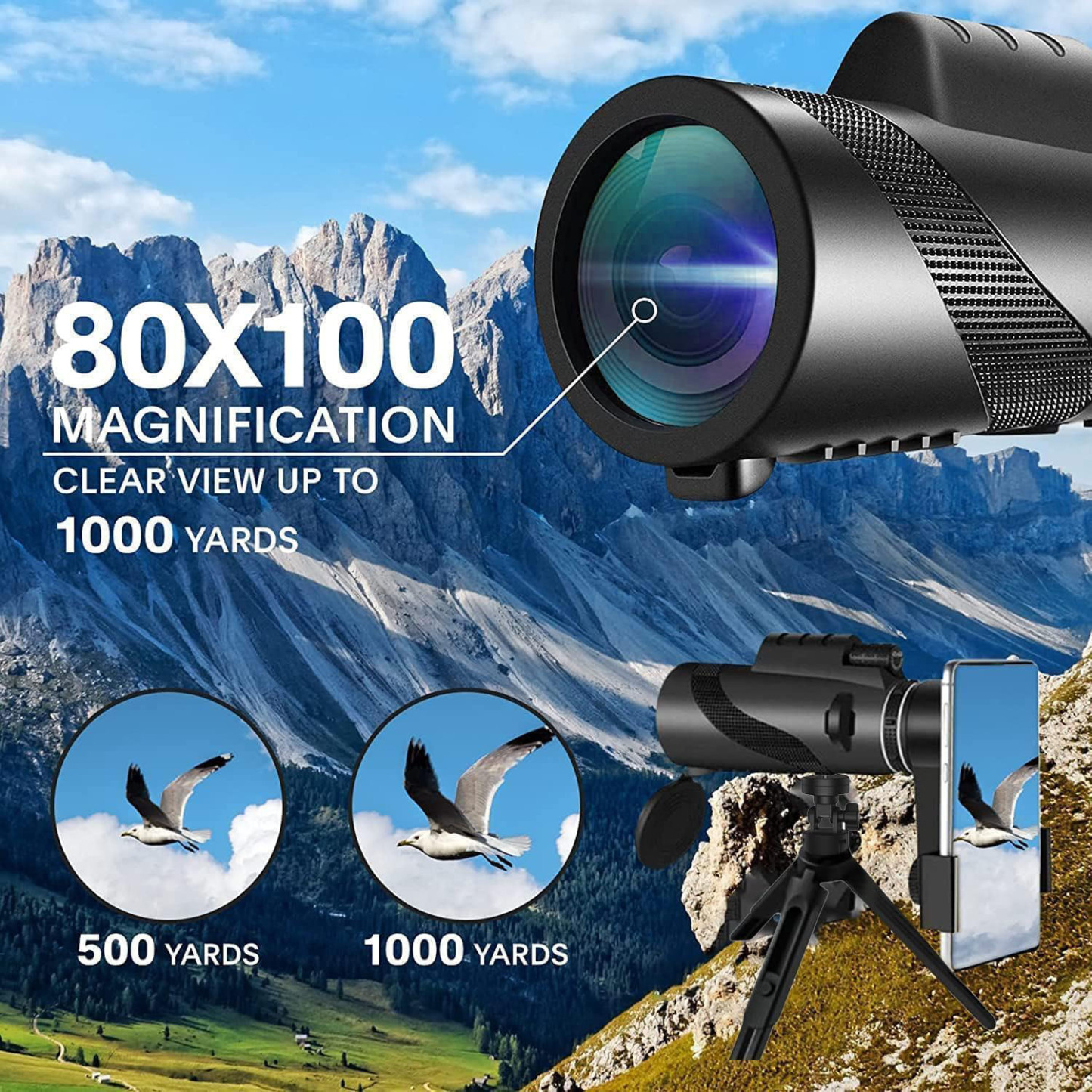 80x100 Monocular-Telescope  telescope for adults high powered Smartphone compatible For Stargazing Wildlife Bird  Travel  Camping  Hiking Anti-slip design