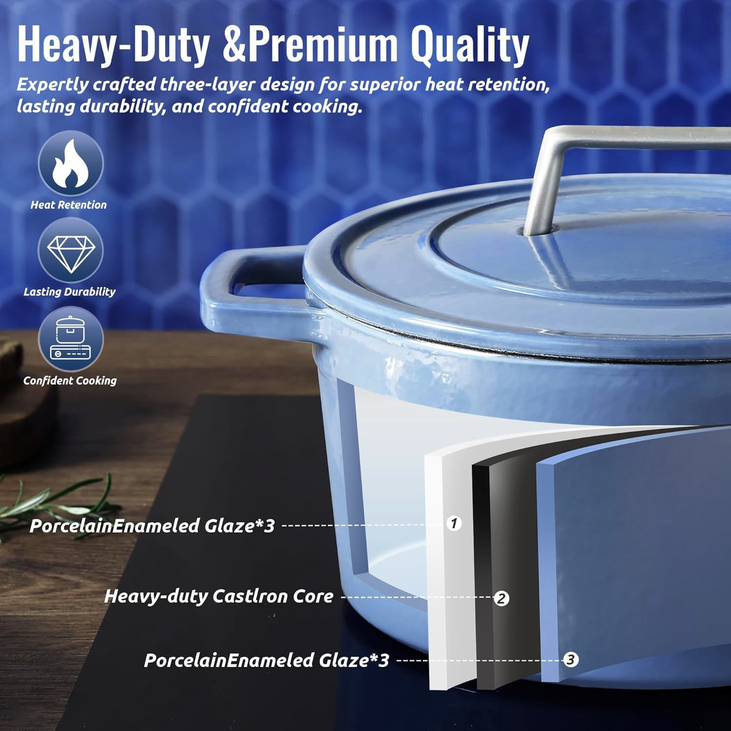 Cast Iron Oven Pot with Lid Enameled Oven for Bread Baking Dual Handles Heavy-Duty Cast Iron Pot 5QT Blue