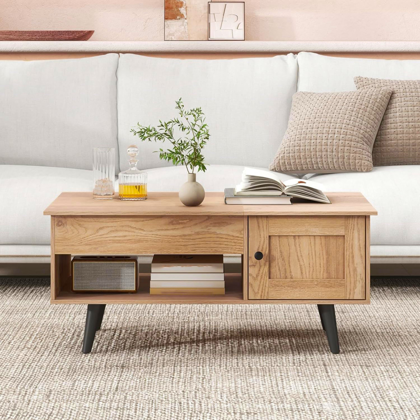 Lift Top Coffee Table with Storage Living Room Table with Hidden Compartment Cabinet & Open Shelf Flip Top Center Table, Pull up Coffee Table for Home, Office  Home Small Space Natural