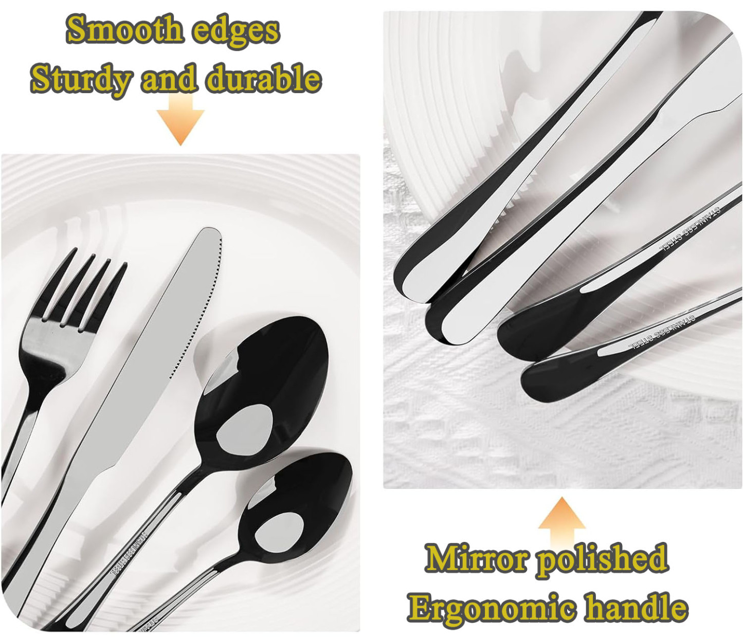 24-Piece Black Silverware Set with Steak Knives Flatware Set for 4 Food-Grade Stainless Steel Cutlery Set  Mirror Polished Utensils Set Kitchen Utensils Set Include Spoons and Forks for Home Kitchen Restaurant Utensils Set