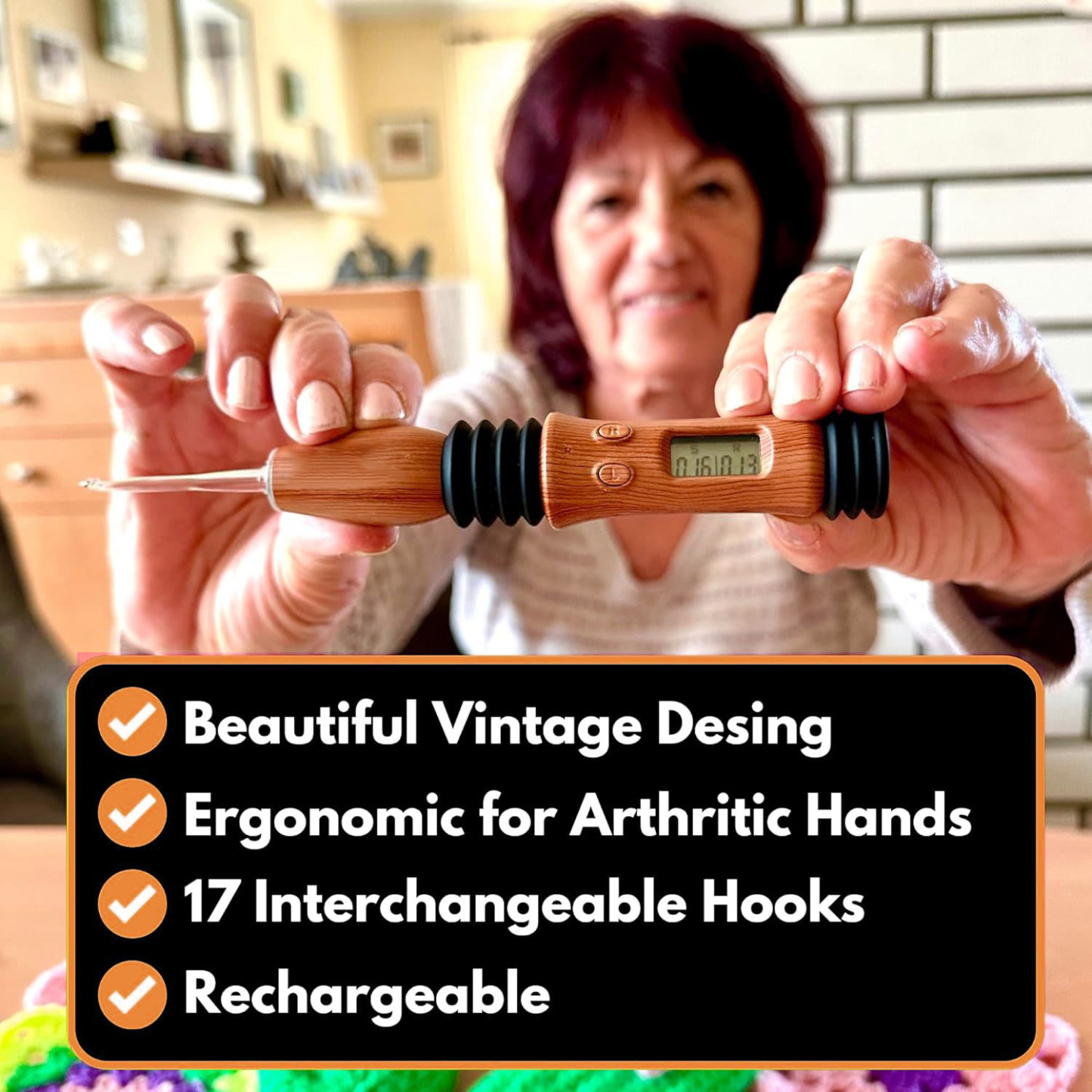 Vintage Counting Crochet Hook Set with Light & Counter Crochet Hook Set Ergonomic for Arthritic Hands Light up, Digital Stitch & Row Counter 17 Size Interchangeable Hooks Kit 