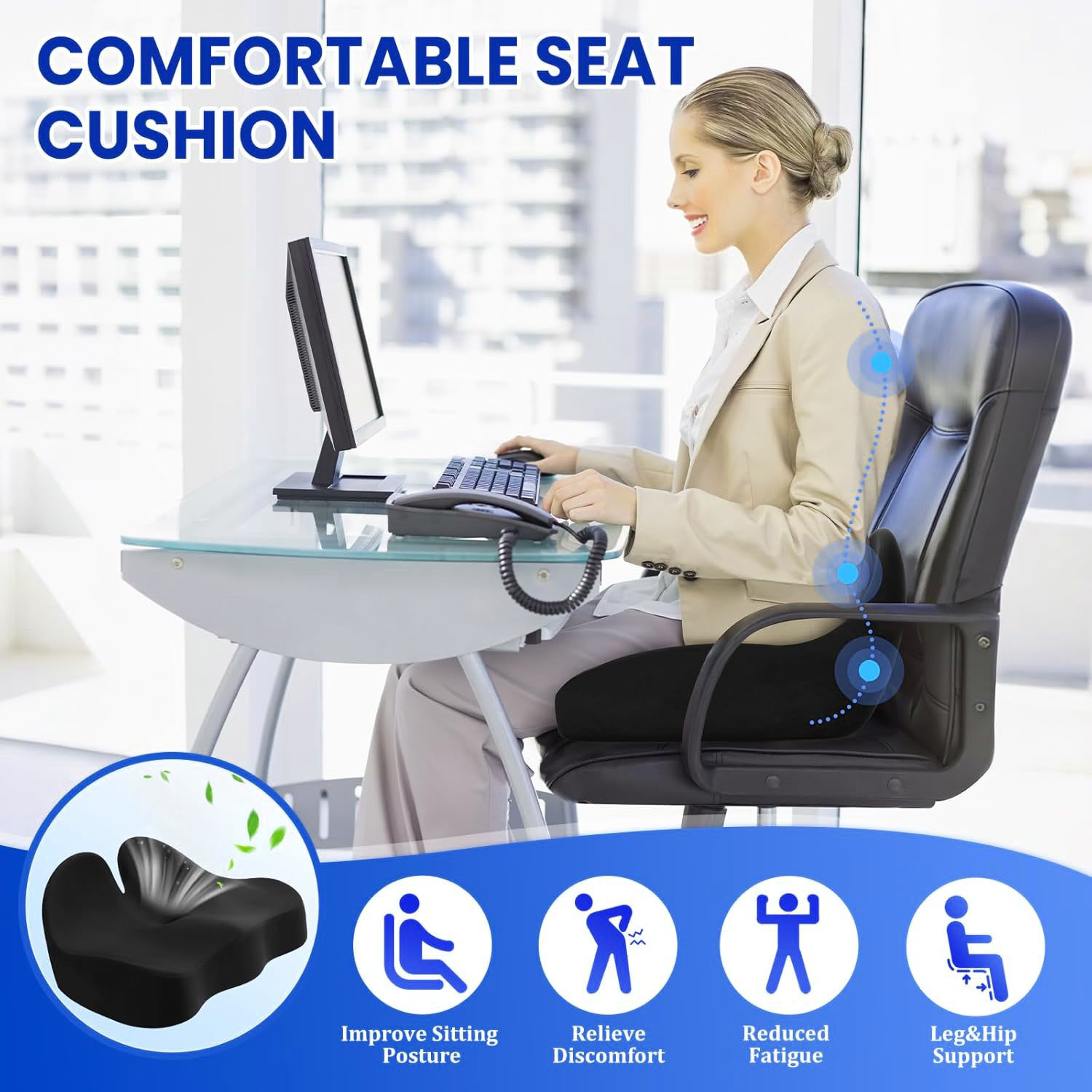 Seat Cushion Memory Foam Office Chair Seat Cushion for Office Chairs/Car/Long Trip/Desk Chair/Gaming Extra Large Size  Tailbone Pain Relief Cushion, Sciatica & Back Support, Office Chair Cushion & Car Seat Cushion
