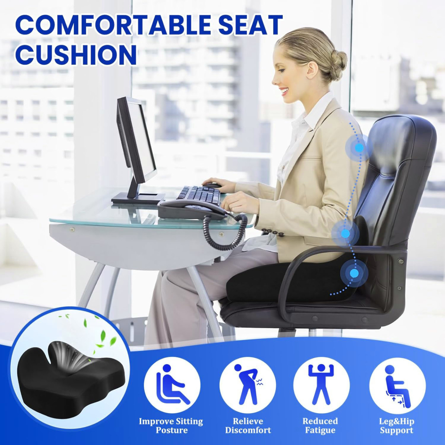 Seat Cushion Memory Foam Office Chair Seat Cushion for Office Chairs/Car/Long Trip/Desk Chair/Gaming Extra Large Size  Tailbone Pain Relief Cushion, Sciatica & Back Support, Office Chair Cushion & Car Seat Cushion