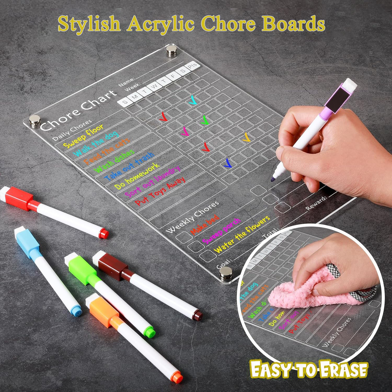 Acrylic Magnetic Chore Chart for Kids Chores Chart for Fridge Refrigerator Menu Board for Kitchen Weekly Meal Planner Whiteboard Refrigerator Dry Erase Behavior Chore Chart for Multiple Kids w/ 8 Colors Markers