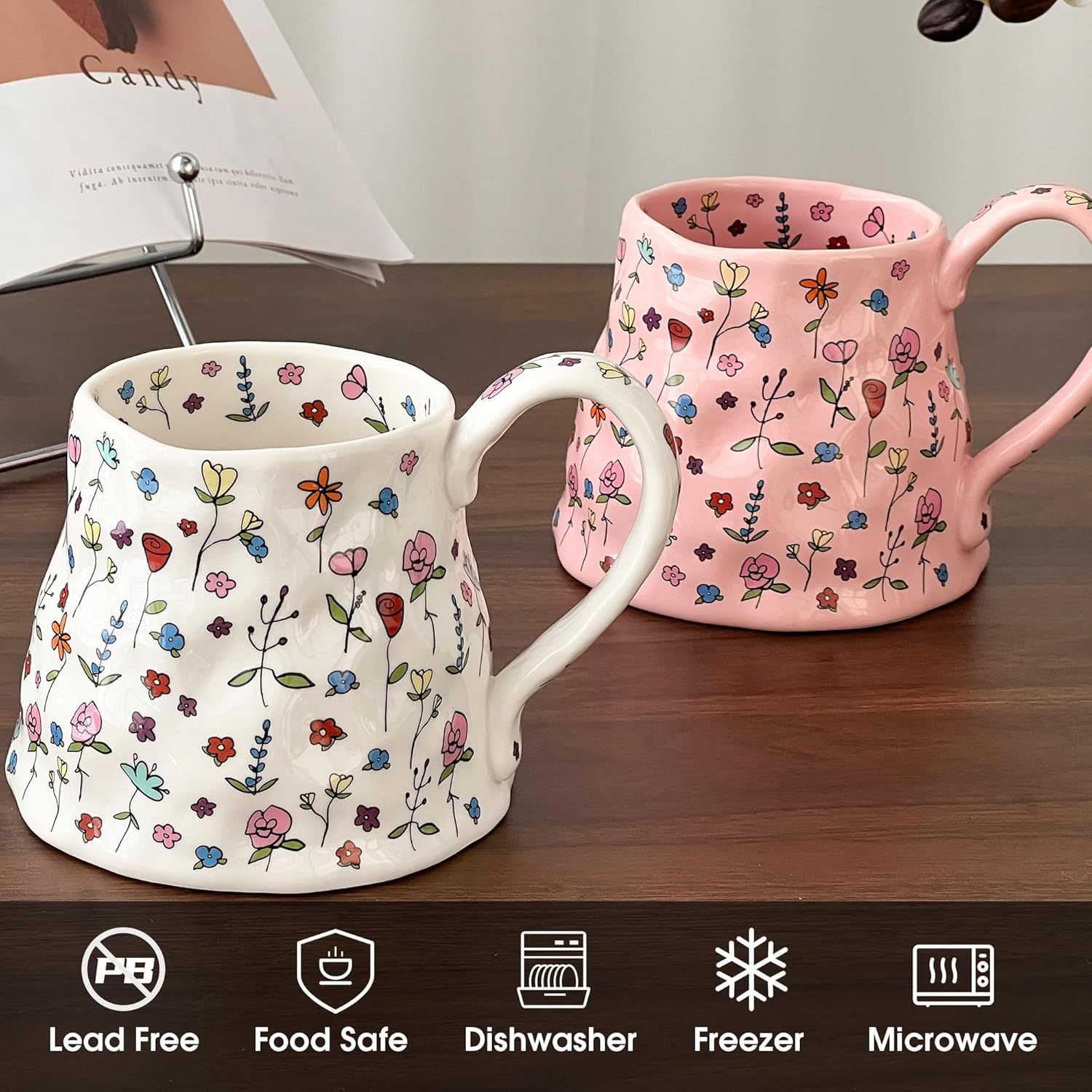 Large Ceramic Coffee Mug Cute Flower with Handmade Big Handle 20oz Girly Pink Floral Tea Cup for Gift Novelty Irregular Oversized Christmas Mugs for Latte Tea Milk Cocoa